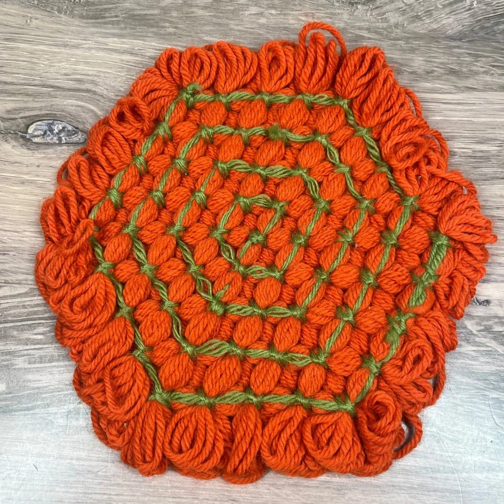 Handmade Loom Knit Yarn Trivets Set of 3 Orange Brown Retro Hot Pads 8 in